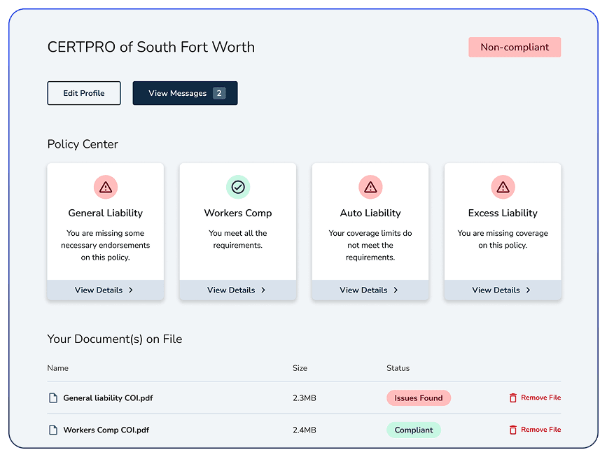 IDCore AI-powered COI verification showing automated insurance document analysis