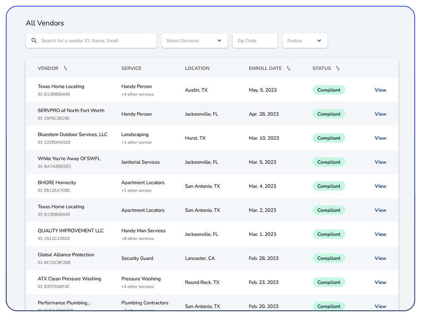 IDCore vendor verification tool showing searchable vendor directory with compliance status